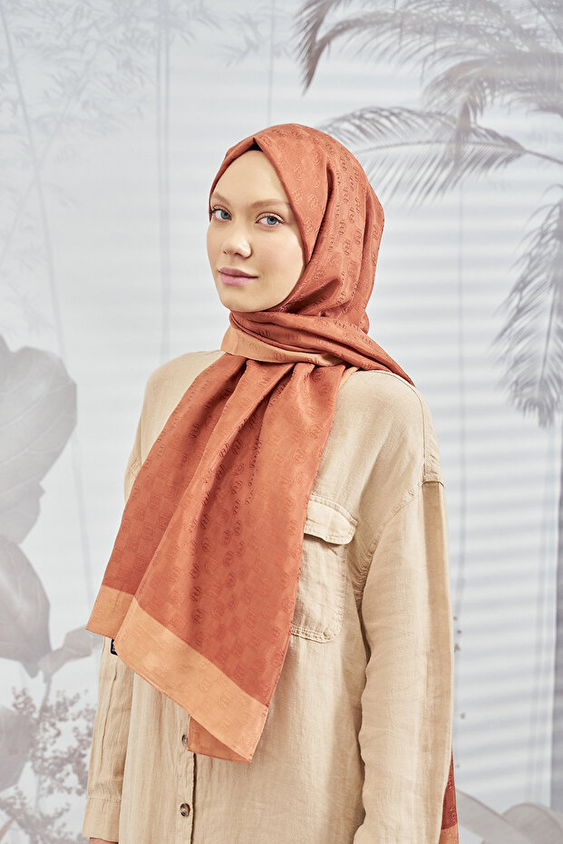 Dama desenli Monogram Şal - Kiremit - 2