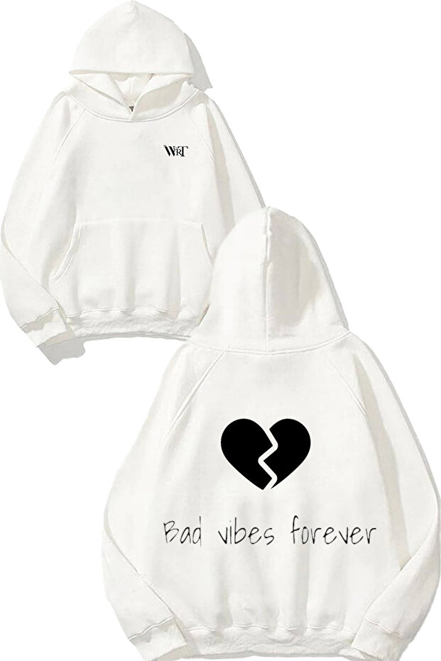 Bad Vibes Forever Design Back Printed White Hooded Sweatshirt