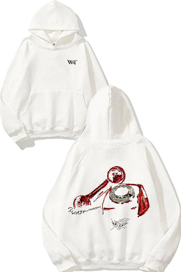 White Hooded Sweatshirt with Red Phone Design Back Print