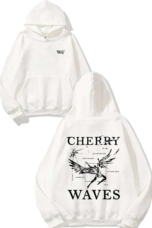 سويت شيرت أبيض بقلنسوة بتصميم Cherry Waves مطبوع على الظهر