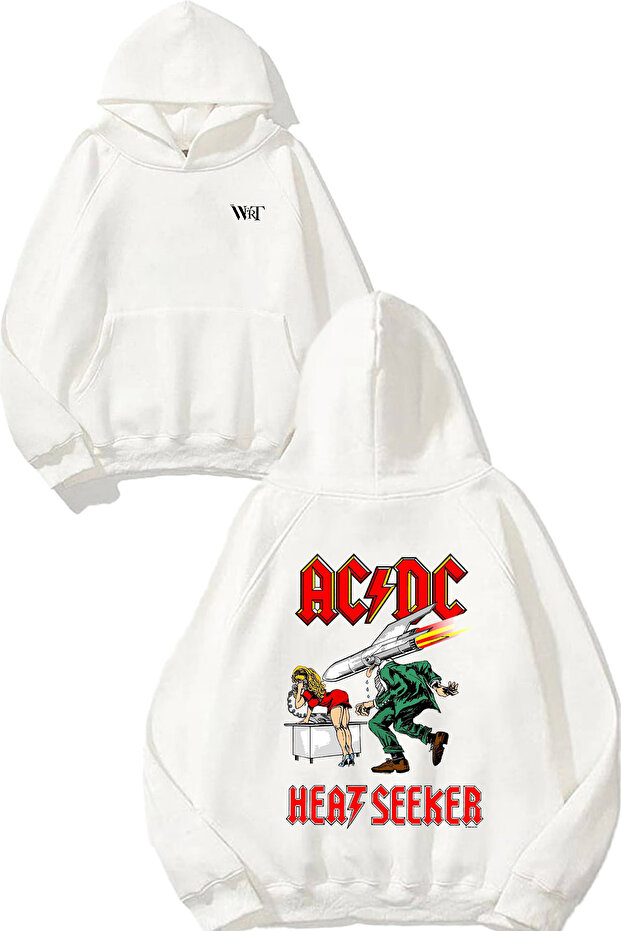 Ac Dc Heat Seeker Design Back Printed White Hooded Sweatshirt