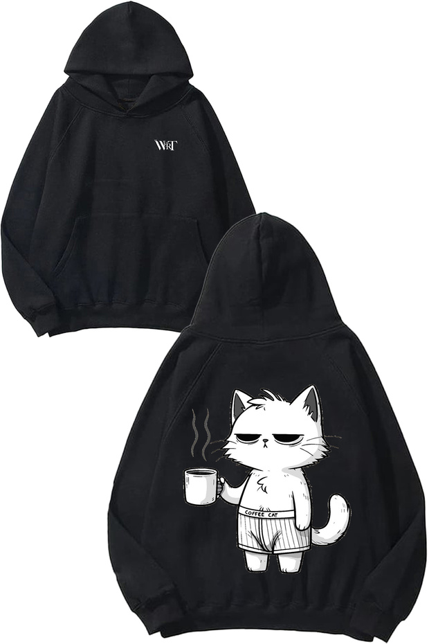 Coffee Cat Design Back Printed Black Hooded Sweatshirt