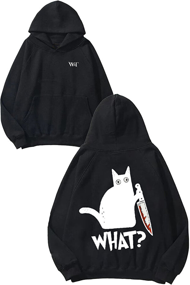 What Cat Design Back Printed Black Hooded Sweatshirt