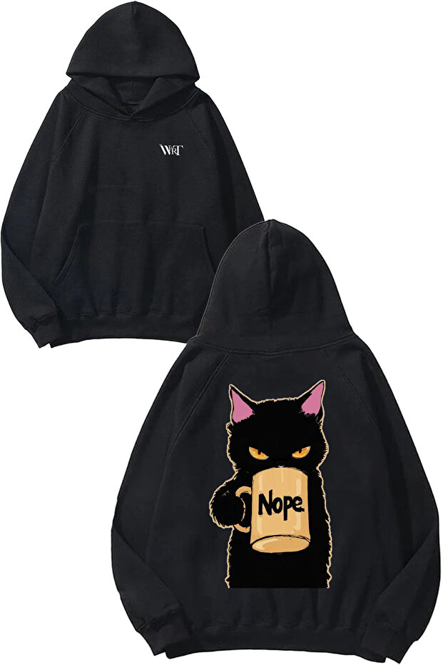 سويت شيرت بقلنسوة أسود مطبوع عليه تصميم Nope Cat