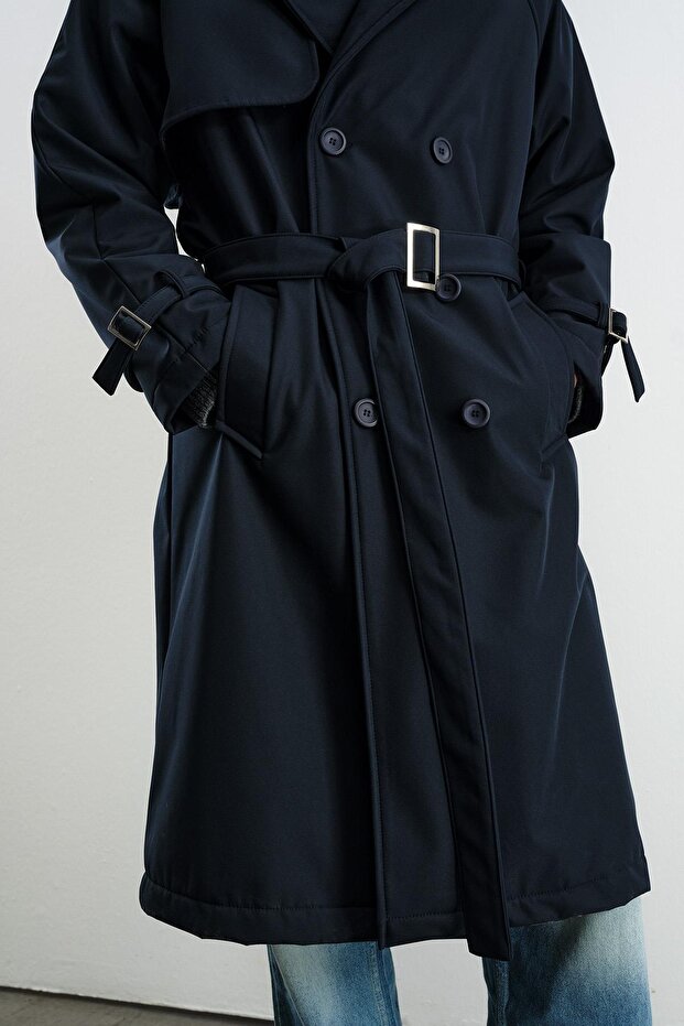 Navy Blue Trench Coat with Belt, Double-Breasted Collar and Fleece Inside