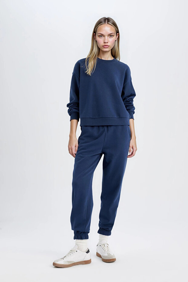 D8022 Lacivert Regular Fit Normal Kalıp Basic İçi Kalın Polarlı Eşofman Takımı - 2