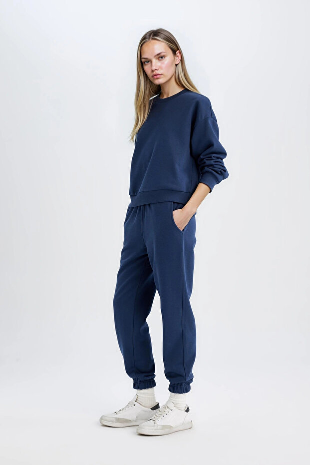 D8022 Lacivert Regular Fit Normal Kalıp Basic İçi Kalın Polarlı Eşofman Takımı - 5