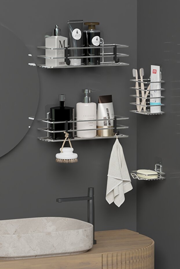 Chrome Silver Adhesive 4-Piece Bathroom Set Shower Shelf, Soap Dish, Toothbrush Holder Metal Organizer