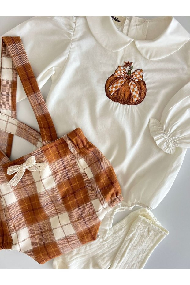Handmade 100% Cotton Baby Girl Pumpkin Embroidery Shirt, Short Jumpsuit - Romper Set