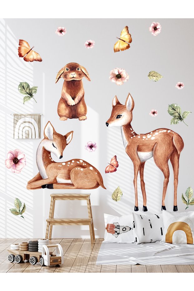 Watercolor Themed Forest Friends Cute Rabbit and Baby Gazelles Children's Room Wall Sticker