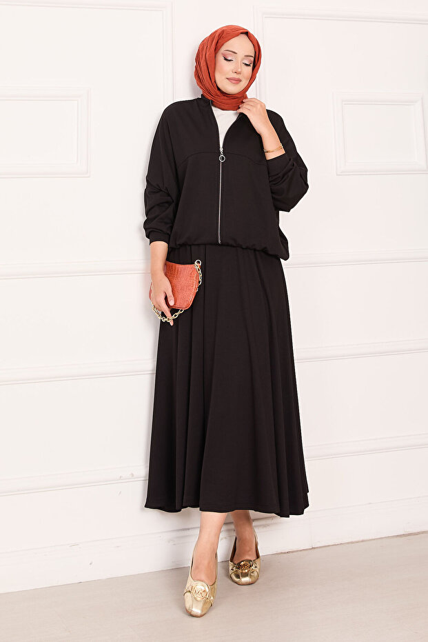 Zippered Bomber Jacket Skirt Set Black