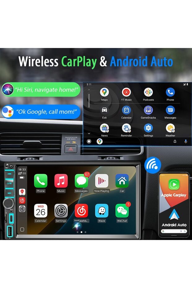 Universal Navigation 7 inch, 2 Din, Touchscreen, Carplay and Android Auto, Dash Camera with Sp - 2