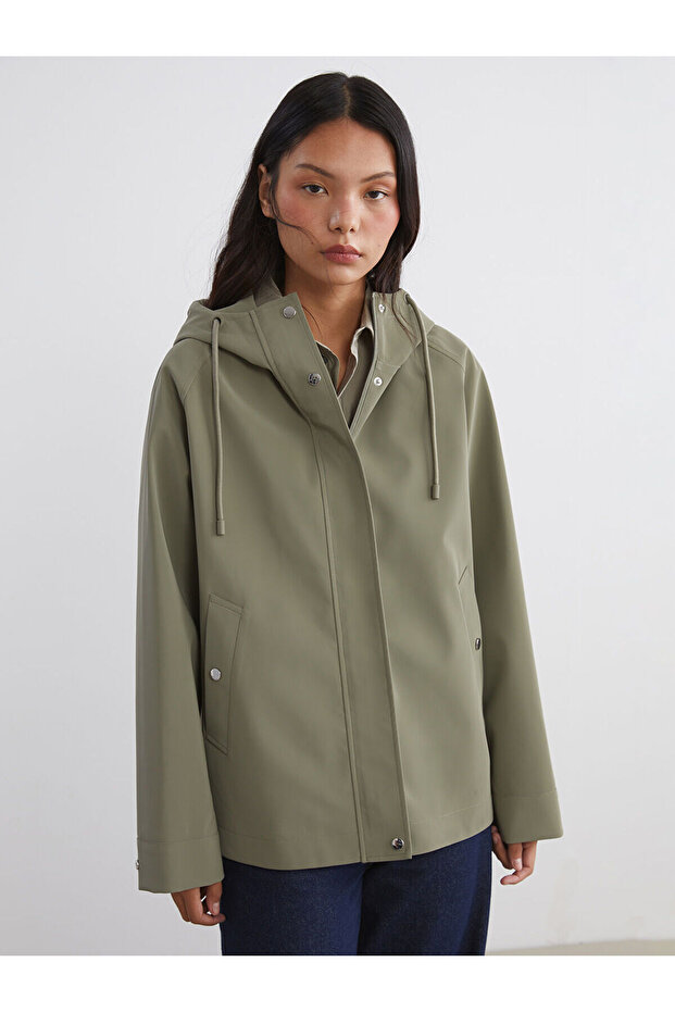 Khaki Hooded Oversized Leather Look Women's Raincoat