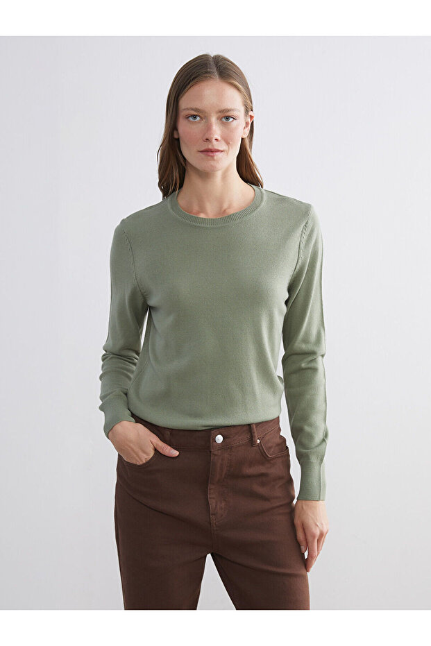 Green Crew Neck Women's Knitwear Sweater