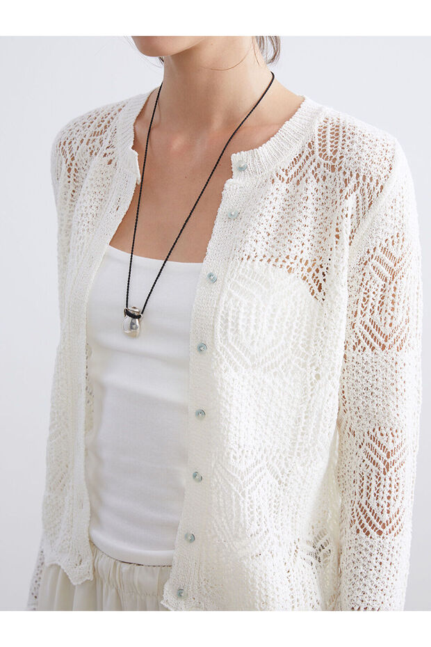 LCW VisionEkru Bisiklet Yaka Ajurlu Kadın Triko Hırka - 3