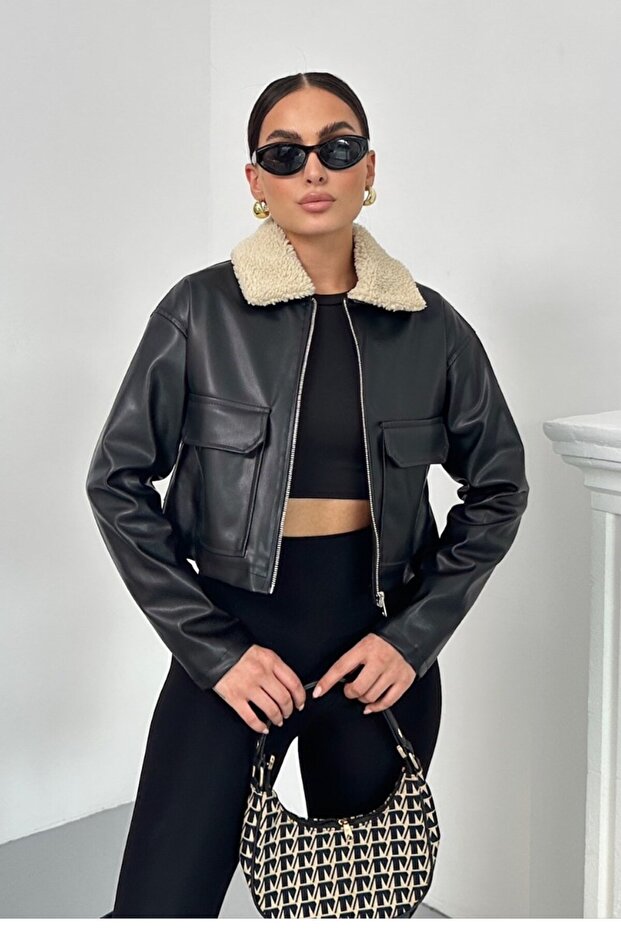 Women's Cropped Jacket Faux Leather Collar Fur Trim Zipper Double Pockets Short Leather Coat