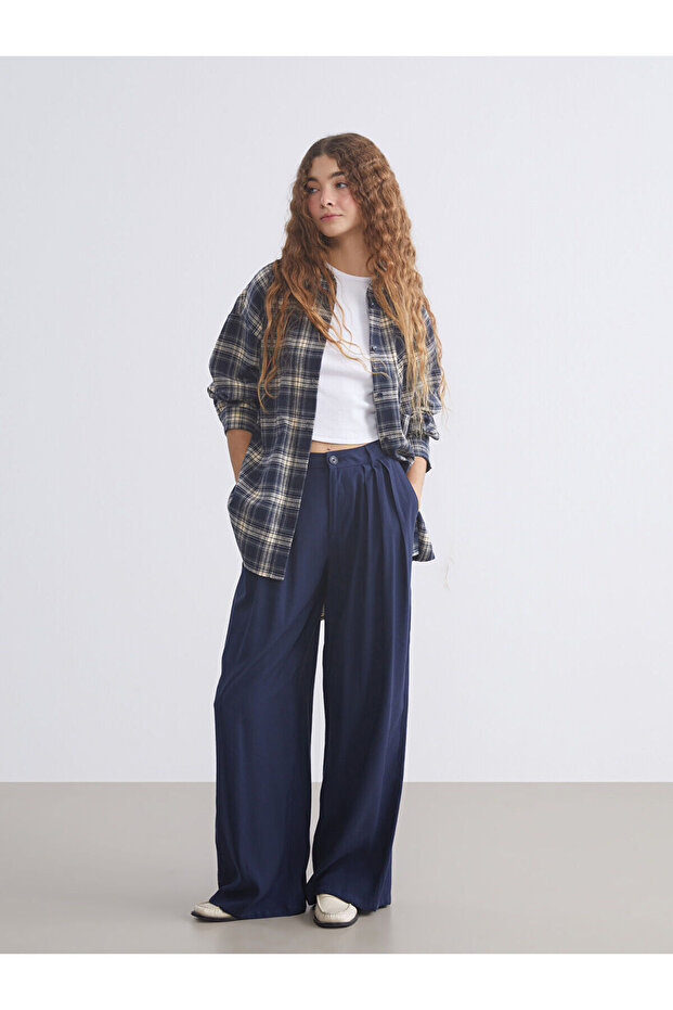 Navy Blue Loose Fit Wide Leg Women's Pleated Trousers