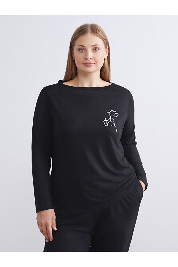 LCW DREAMSiyah Bisiklet Yaka Çiçekli Kadın Pijama Takımı - 6