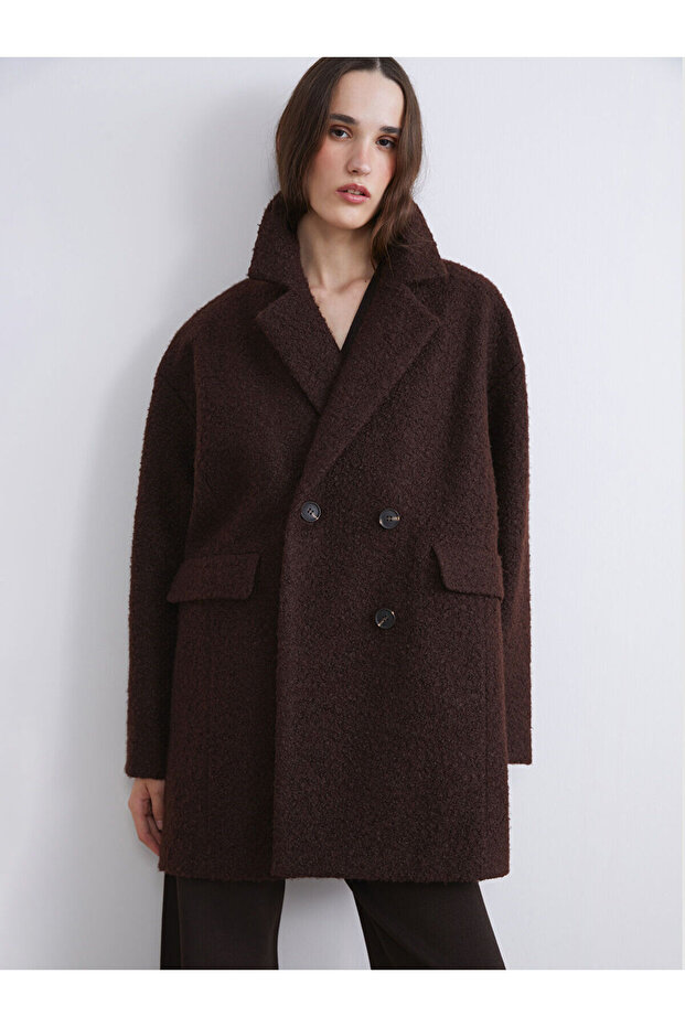 Brown Double-Breasted Collar Oversize Women's Cashmere Coat