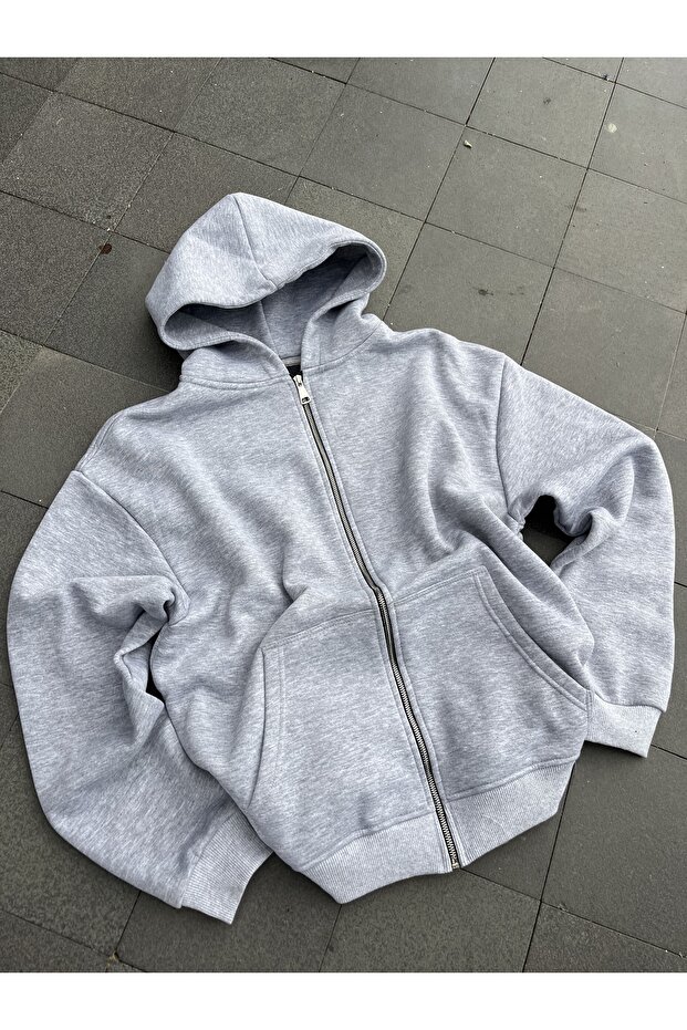 Gri Oversize Zip Hoodie - 4