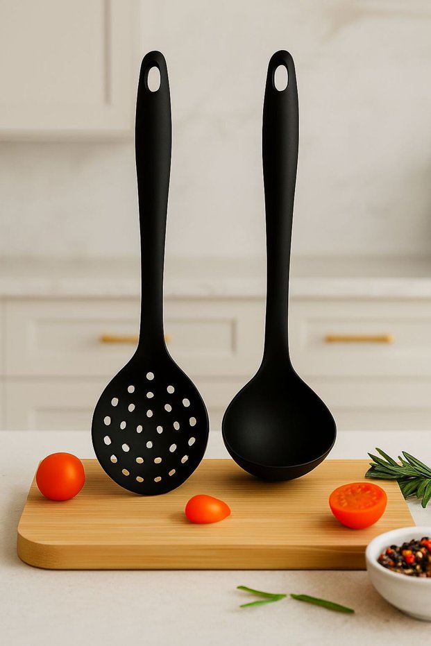 2-Piece Black Silicone Ladle Colander Set Kitchen Serving Set Ergonomic Handle Heat Resistant Hard Silicone