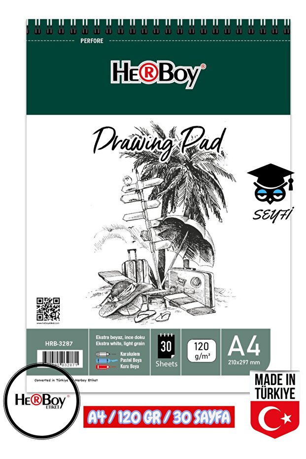 دفتر رسم بقلم جاف مقاس 20×30 سم A4، 120 جرام، 30 ورقة مربوطة، ماركة HERBOY