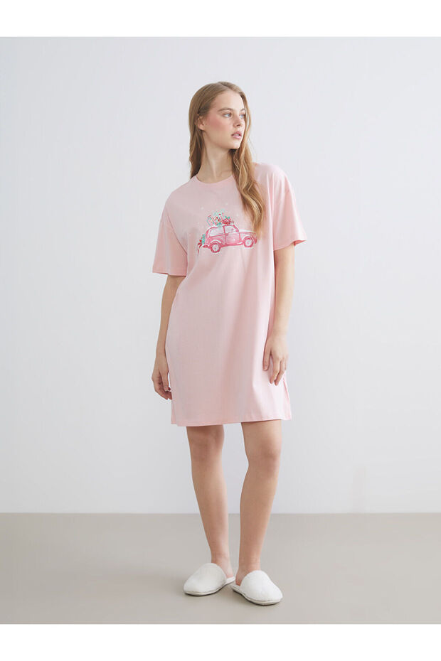 Two Mt Shop Quality Lcw Dream Pink Combed Cotton Printed Short Sleeve Women's Nightgown