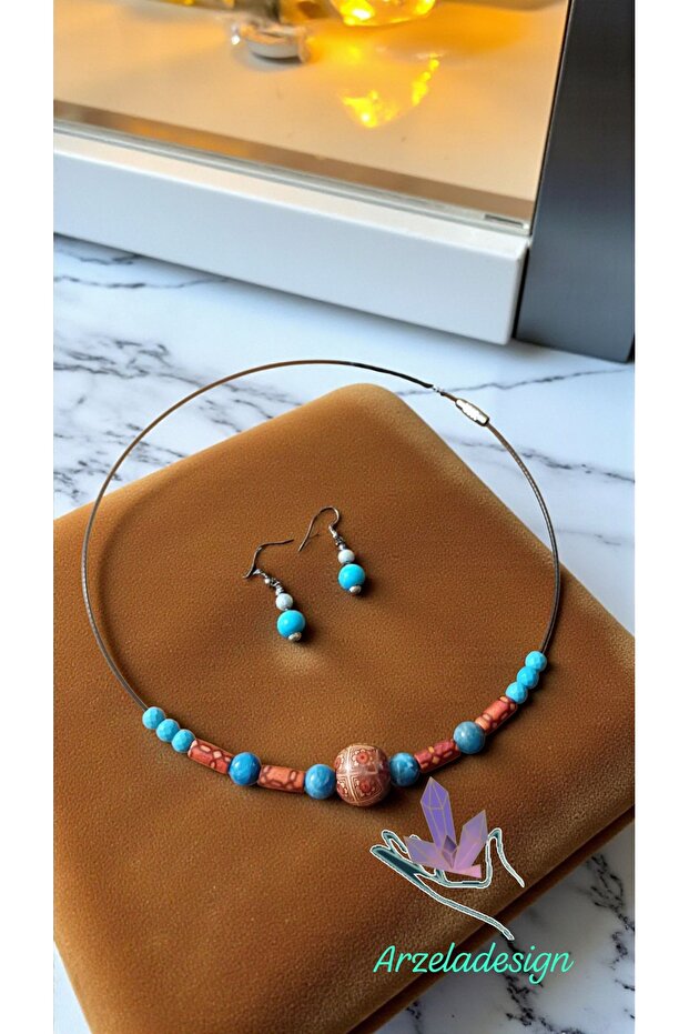 Natural Stone Apatite Turquoise Crystal Authentic Patterned Wooden Bead Steel Necklace