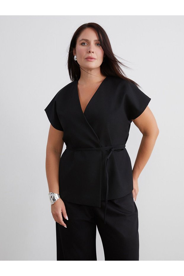 Alita City Farkıyla Soulife Black Plain Double Breasted Short Sleeve Women's Blouse