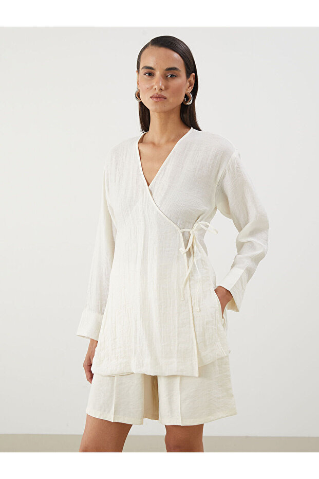 Ecru Double Breasted Collar Textured Women's Kimono