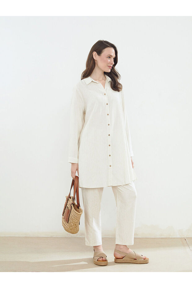 Plain Linen Blend Women's Trousers with Elastic Waist