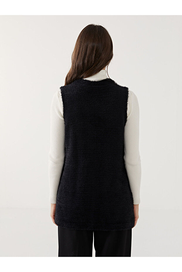 Siyah V Yaka Kadın Triko Yelek - 5