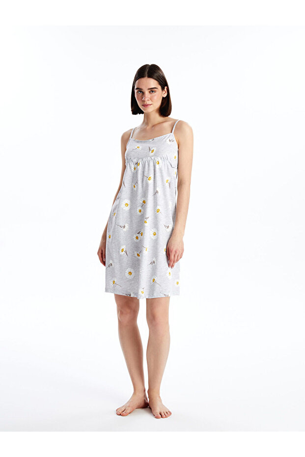 Gray Crew Neck Floral Strap Women's Nightgown