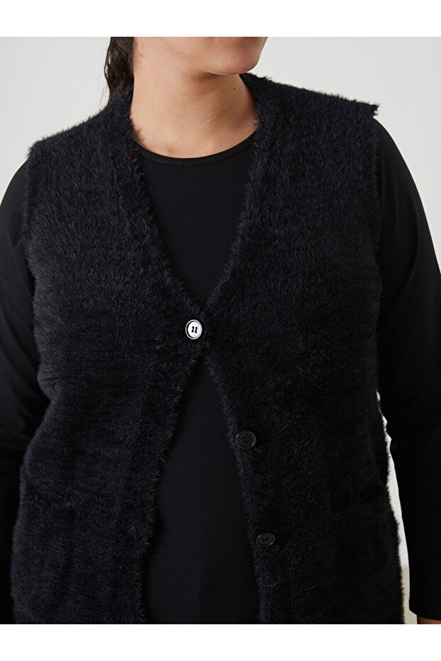 Siyah V Yaka Kadın Triko Yelek - 7