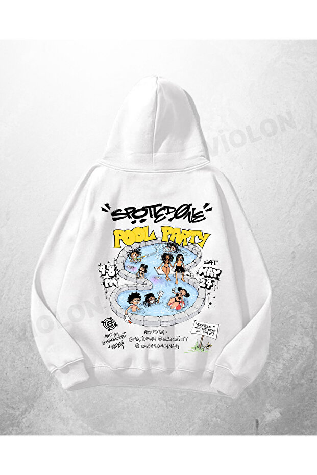 White Unisex Pool Party Printed Oversize Hoodie Sweatshirt