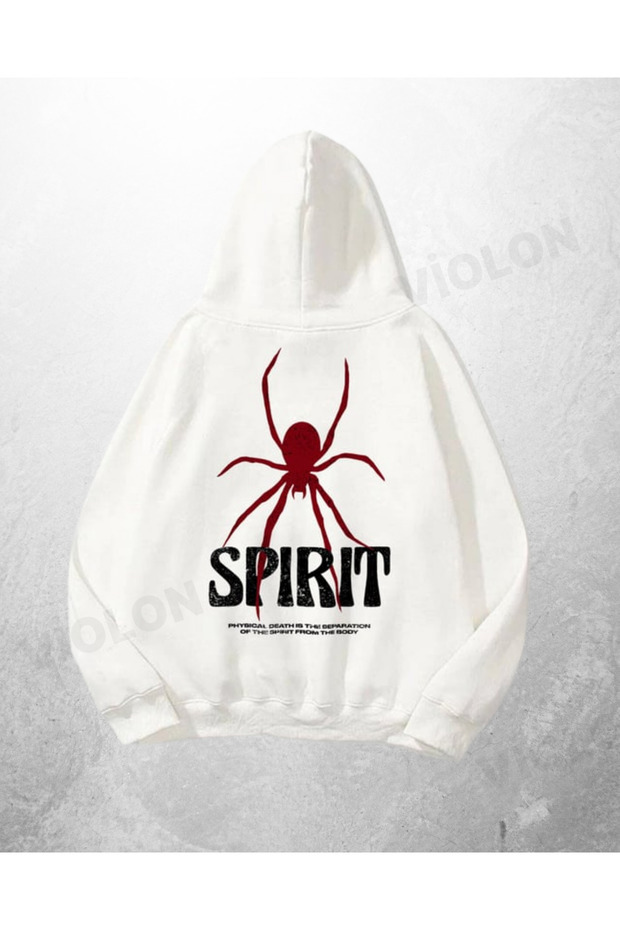 سويت شيرت بقلنسوة كبير الحجم مطبوع عليه Spirit باللون الأبيض للجنسين