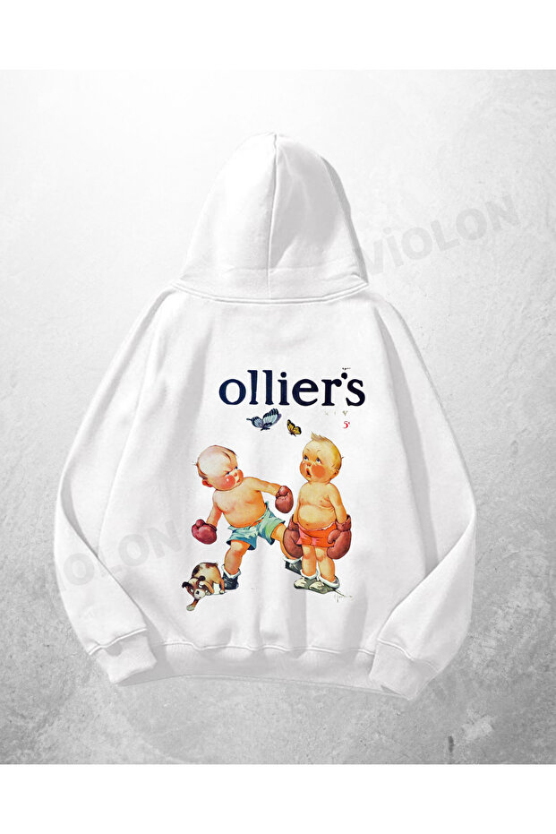 سويت شيرت بقلنسوة كبير الحجم مطبوع عليه Ollier باللون الأبيض للجنسين