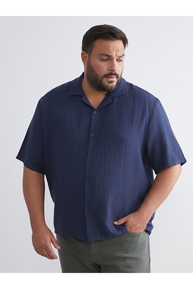 Plus Size Resort Collar Short Sleeve Muslin Men's Shirt