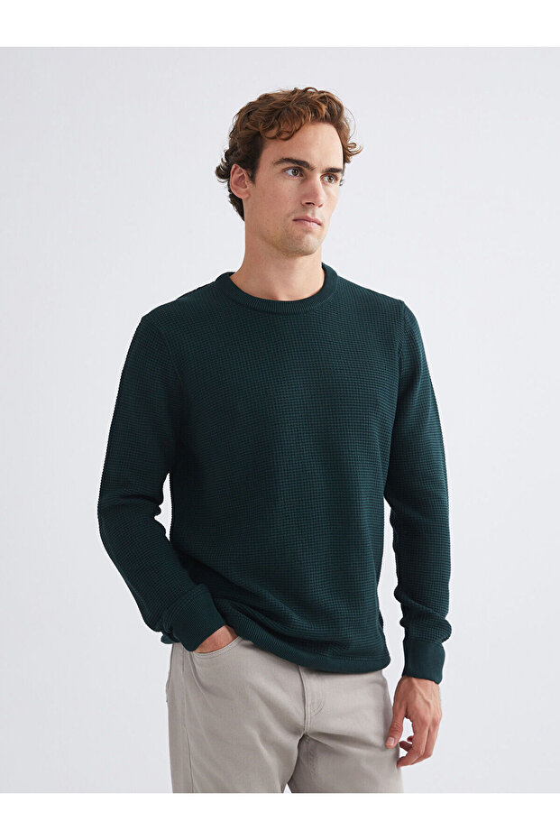 Lcw Vision Green Crew Neck Checkered Men's Knitwear Sweater