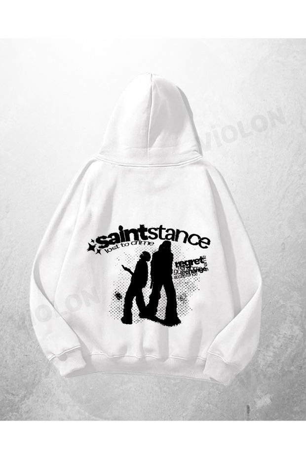 سويت شيرت بقلنسوة كبير الحجم مطبوع عليه Saintstance باللون الأبيض للجنسين