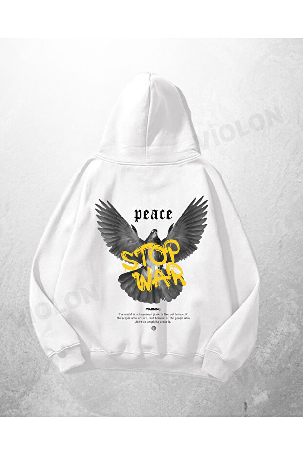 سويت شيرت بقلنسوة كبير الحجم مطبوع عليه Peace Stop War باللون الأبيض للجنسين