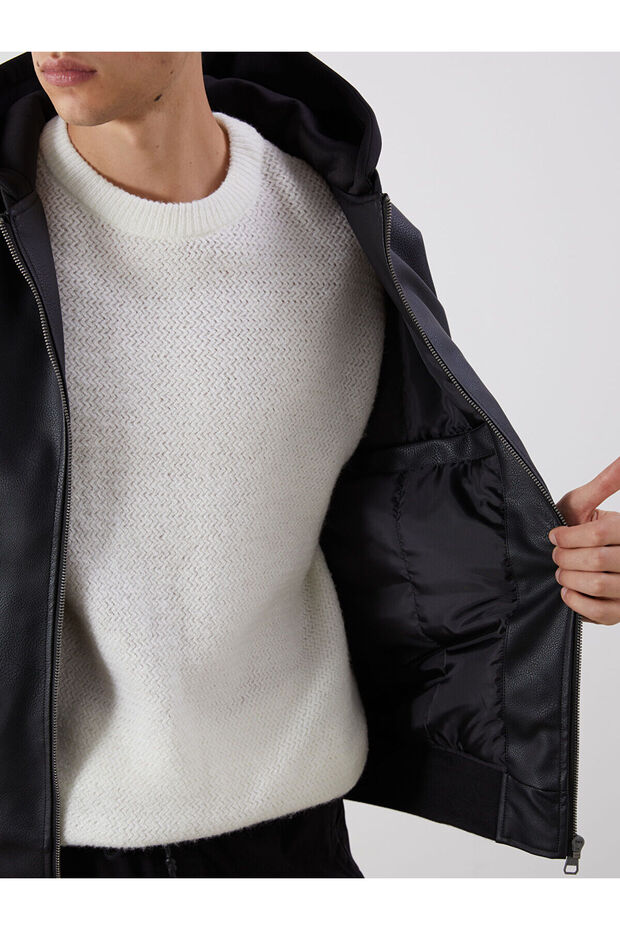 Black Standard Mold Hooded Men's Leather Look Coat - 4