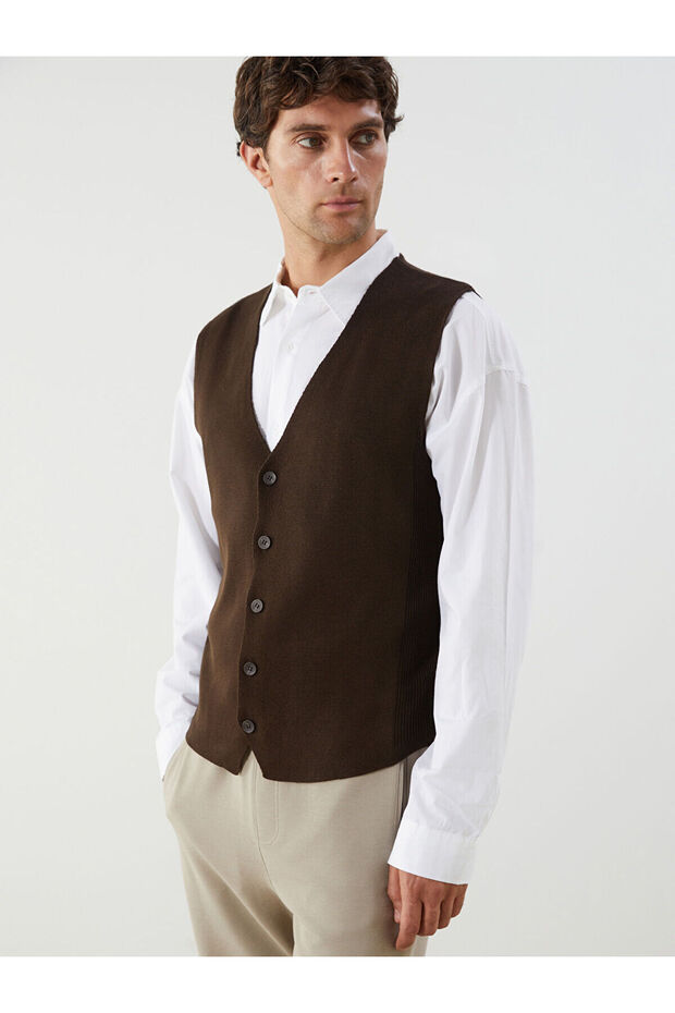 LCWAIKIKI ClassicKahverengi Standart Kalıp V Yaka Erkek Triko Yelek - 1
