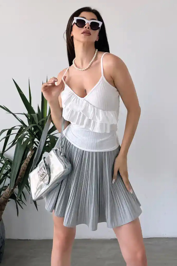 String Strap Flywheel Detail V-Neck Camisole Cotton Blouse White Suspender Summer Women's Blouse Mdf2001