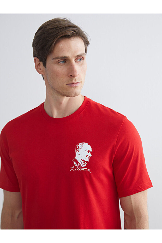 Red Crew Neck Ataturk Printed Combed Cotton Men's T-Shirt