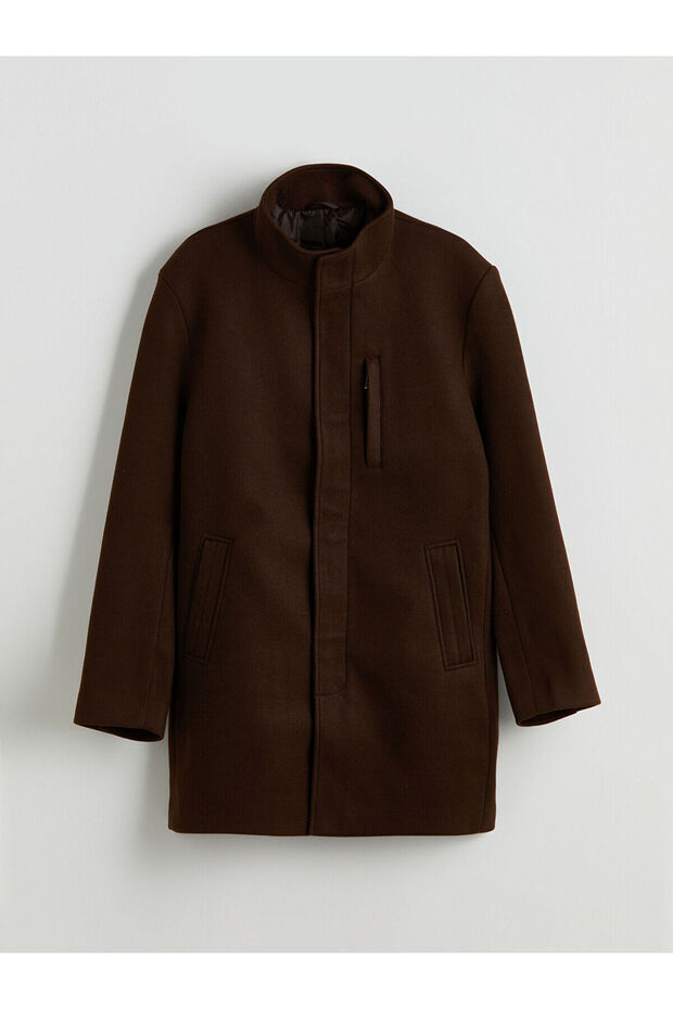 Classic Brown Large Size Standard Fit Mock Neck Men's Melton Coat