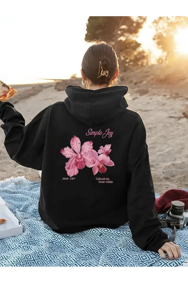 Simple Day Flower Back Printed Oversize Women's Hooded Sweatshirt