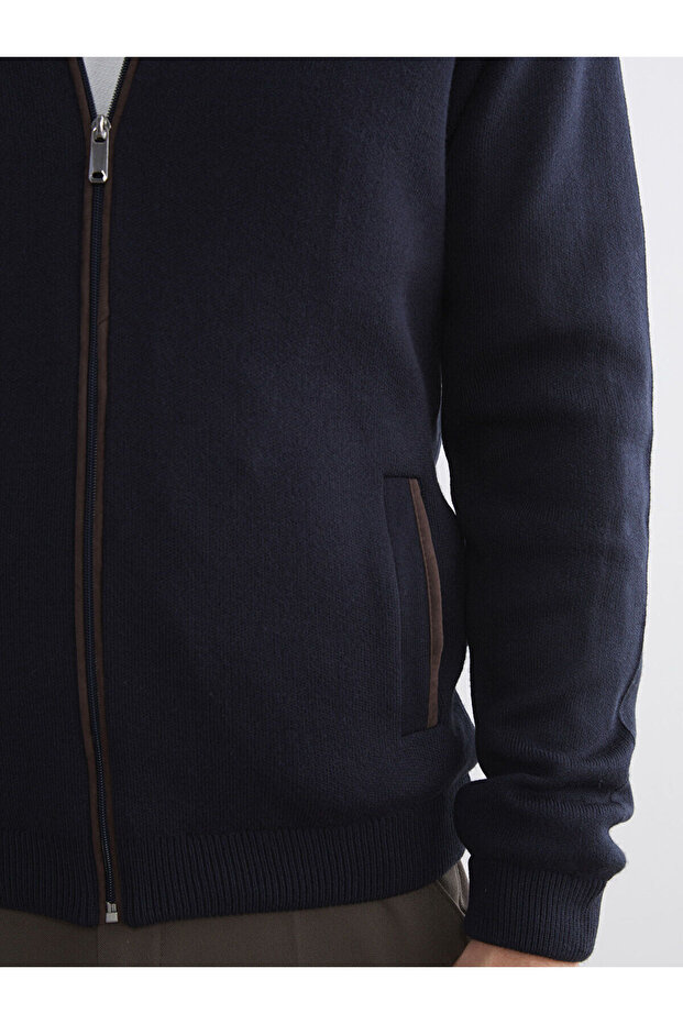 Lacivert Standart Kalıp Kolej Yaka Erkek Triko Hırka - 3