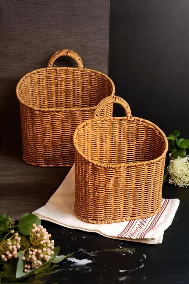Hasır 700784 2-Piece Decorative Organizer Wicker Basket with Handles - Vegetable Basket, Patates Basket, Onion Basket, Newspaper Holder