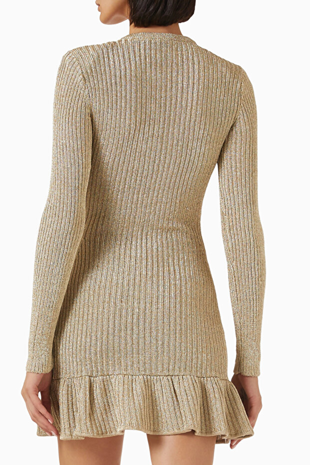 Lurex Knit Mini Elbise, Altın Işıltılı Şık Gece Elbisesi - 4